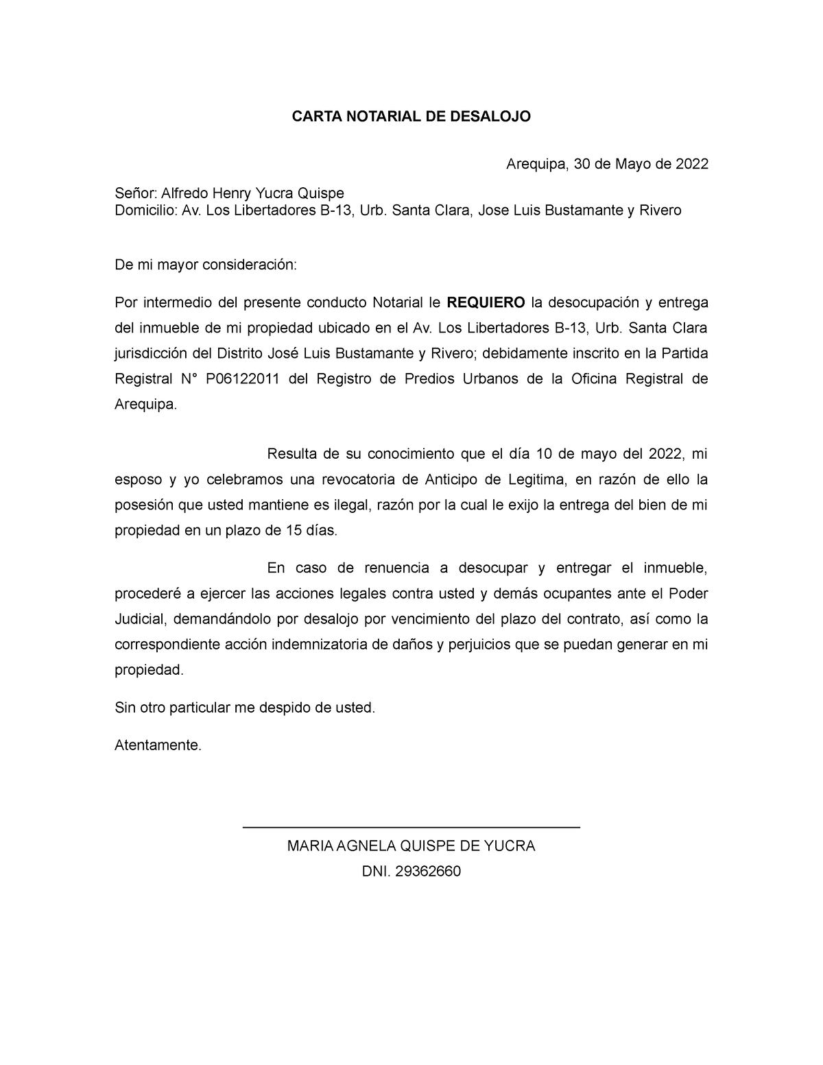 Modelo carta notarial desalojo 2016 (1) - CARTA NOTARIAL DE DESALOJO  Arequipa, 30 de Mayo de 2022 - Studocu