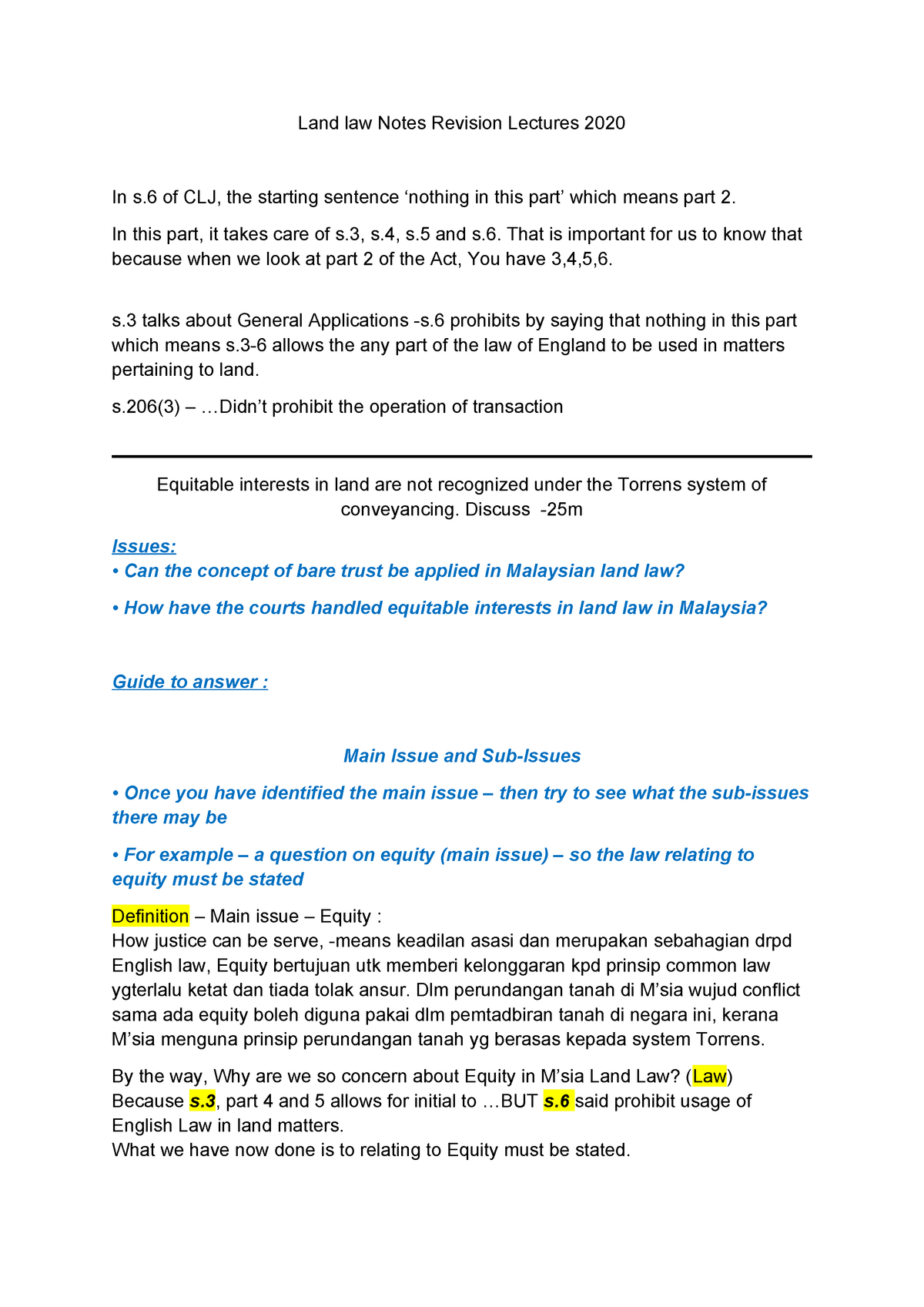 Land Law Notes Revision Lectures 2020 Land Law Notes Revision Lectures 2020 In Studocu