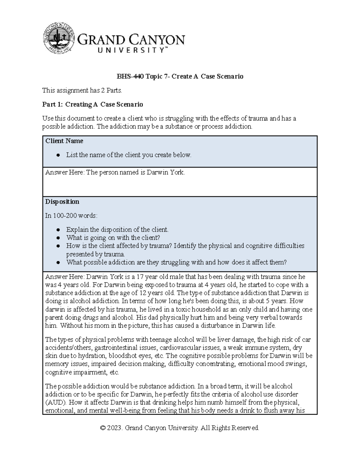 Create a Case Scenario - BHS-440 Topic 7- Create A Case Scenario This ...