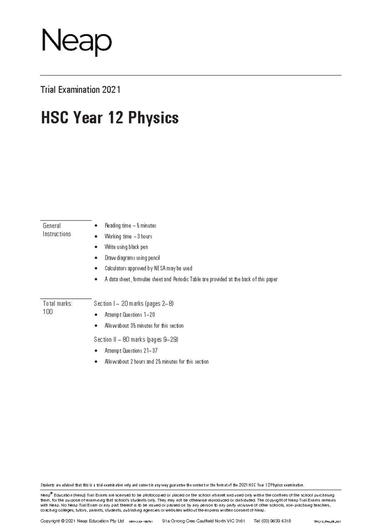 2021 NEAP Physics Trial + Solutions - Neap® Education (Neap) Trial ...