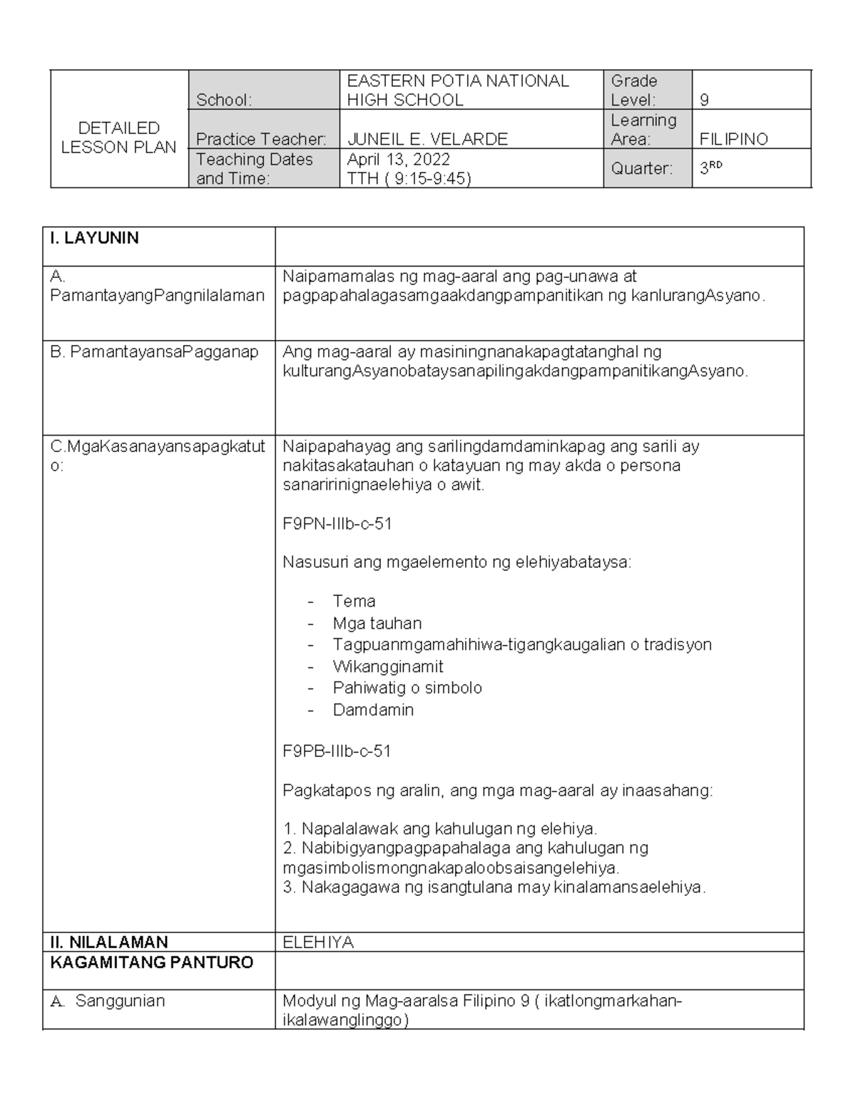 Elehiya - DepEd Learning Competencies DepEd Order No. 30, s. 2017 ...