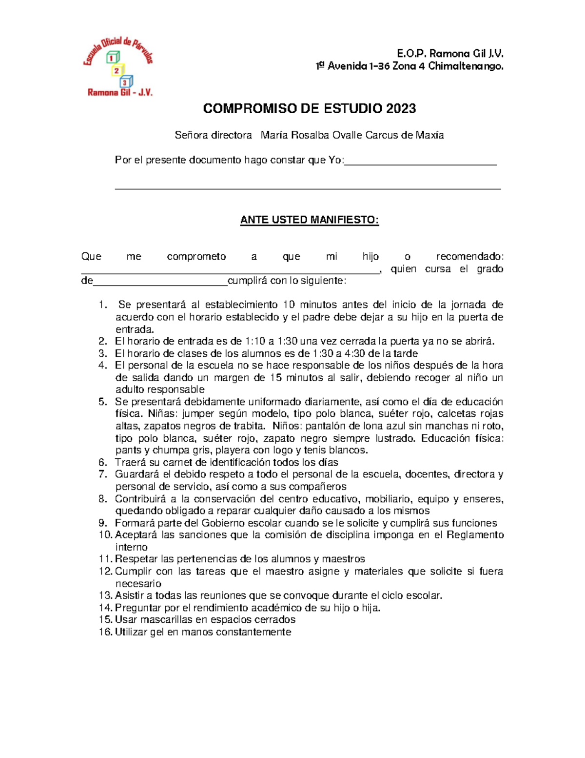 Compromiso de estudio 2023 - E.O. Ramona Gil J. 1ª Avenida 1-36 Zona 4 ...