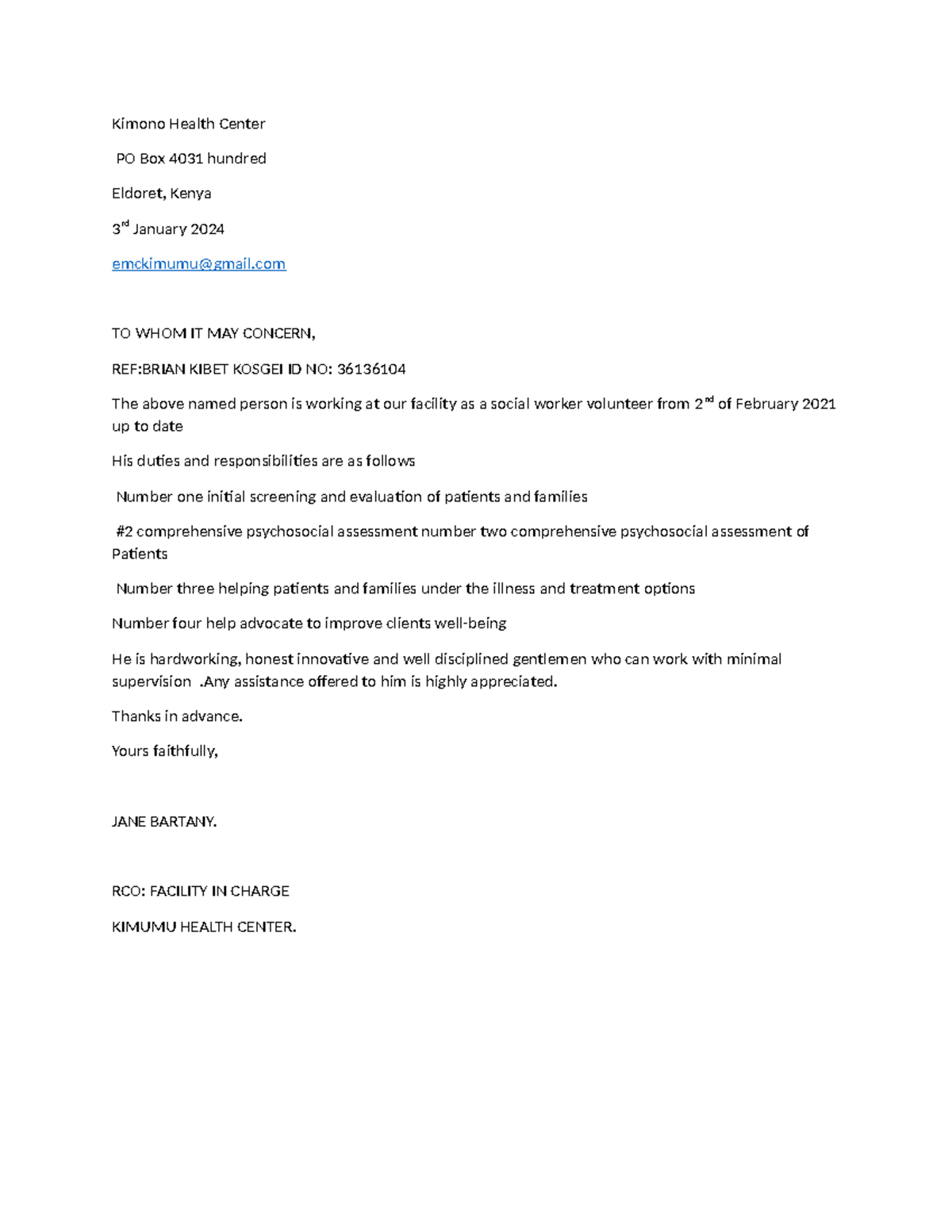 letter Kimono Health Center PO Box 4031 hundred