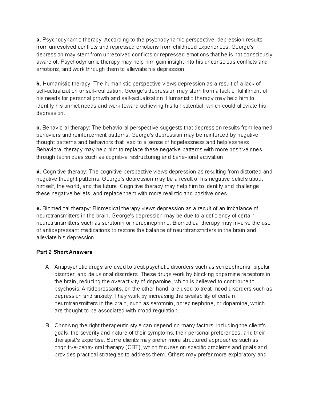 Therapy and Treatment - ap psychology analysis - a. Psychodynamic ...