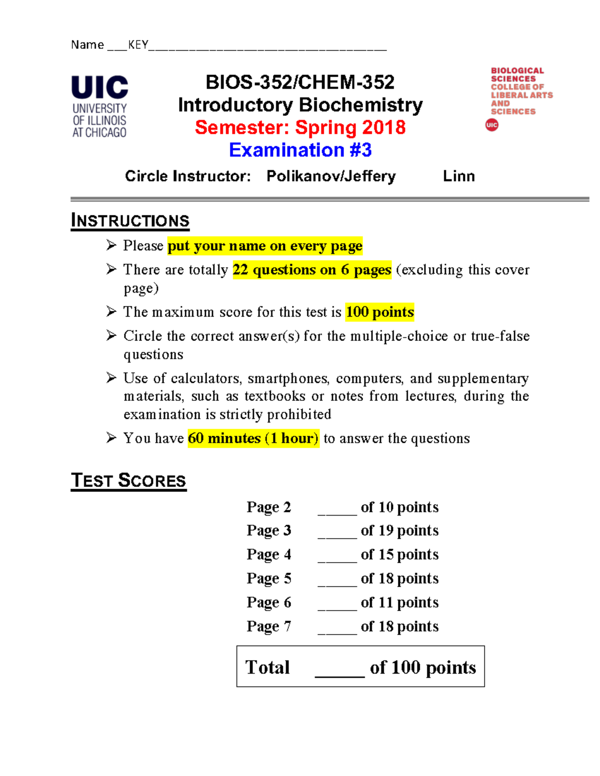 BIOS 352 CHEM 352 Exam 3 Key Sp 2018 .pdf - Name KEY ...