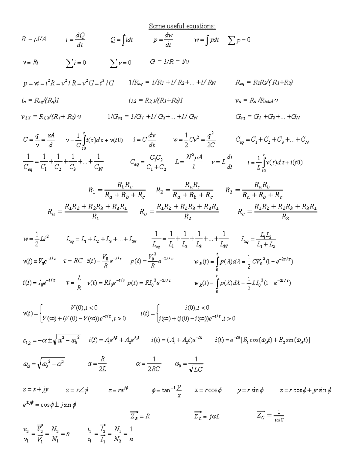 ENGG2450 Useful Equations - Some useful equations: R = ρl/A G = 1/R = i ...