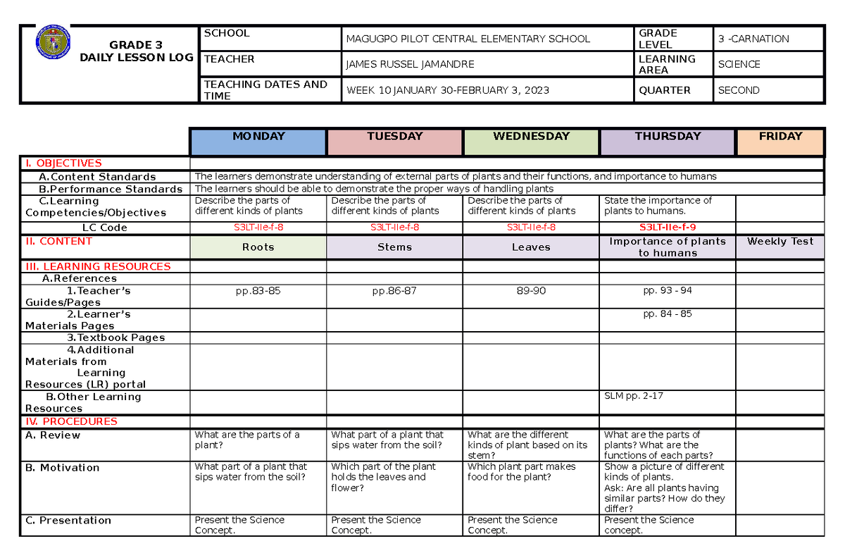 Science DLL Q2 WEEK-10 - gg5 - GRADE 3 DAILY LESSON LOG SCHOOL MAGUGPO ...