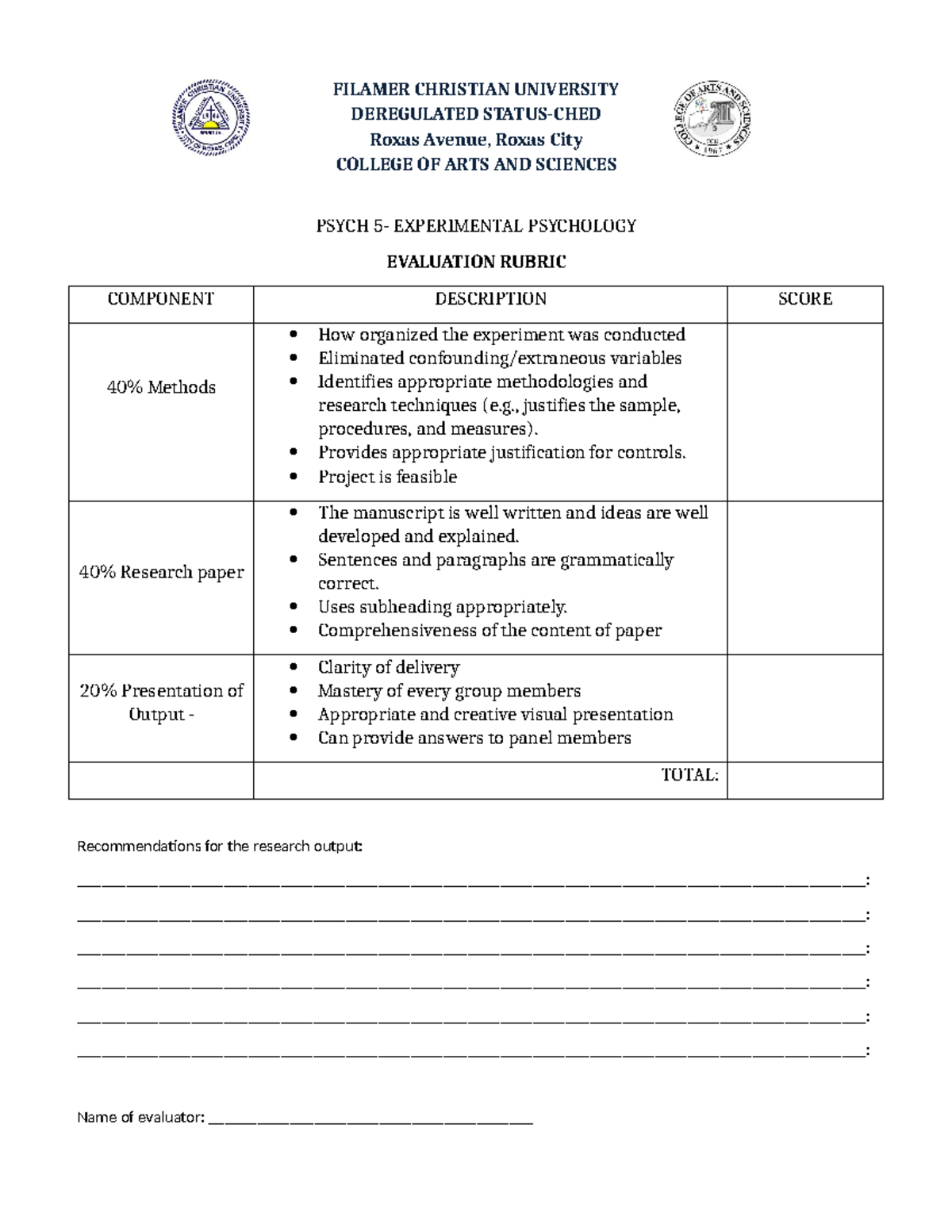 Rubrics for rating - FILAMER CHRISTIAN UNIVERSITY DEREGULATED STATUS ...