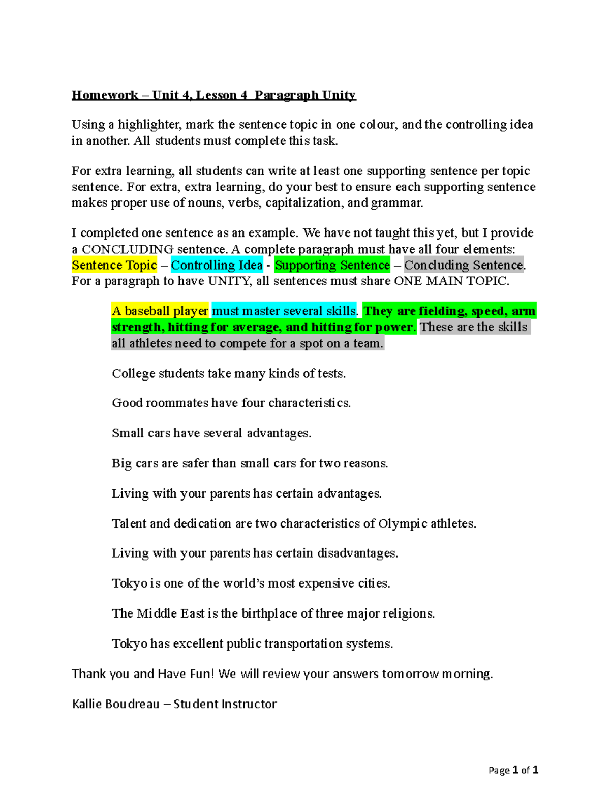 Paragraph Unity - Homework - Homework – Unit 4, Lesson 4 Paragraph ...