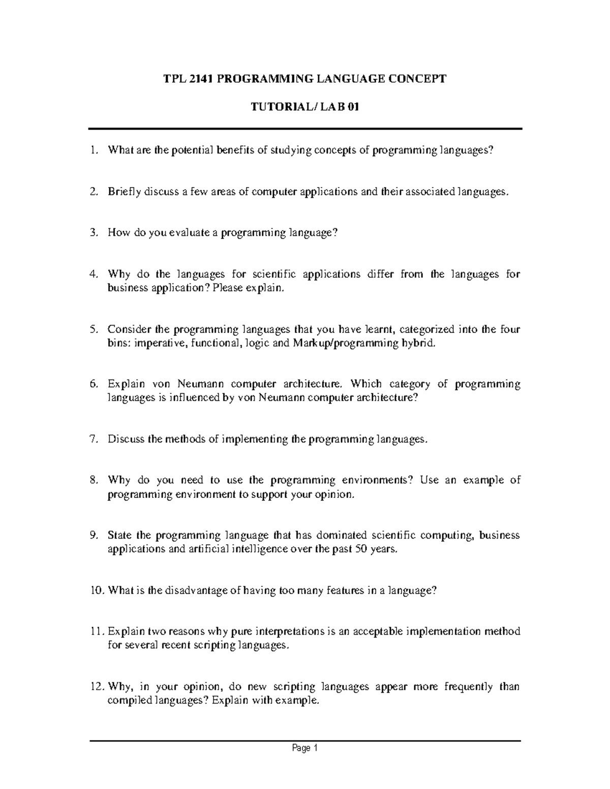 147111 Lab 01 - PROGRAM LANG CONCEPT - TPL 2141 PROGRAMMING LANGUAGE ...