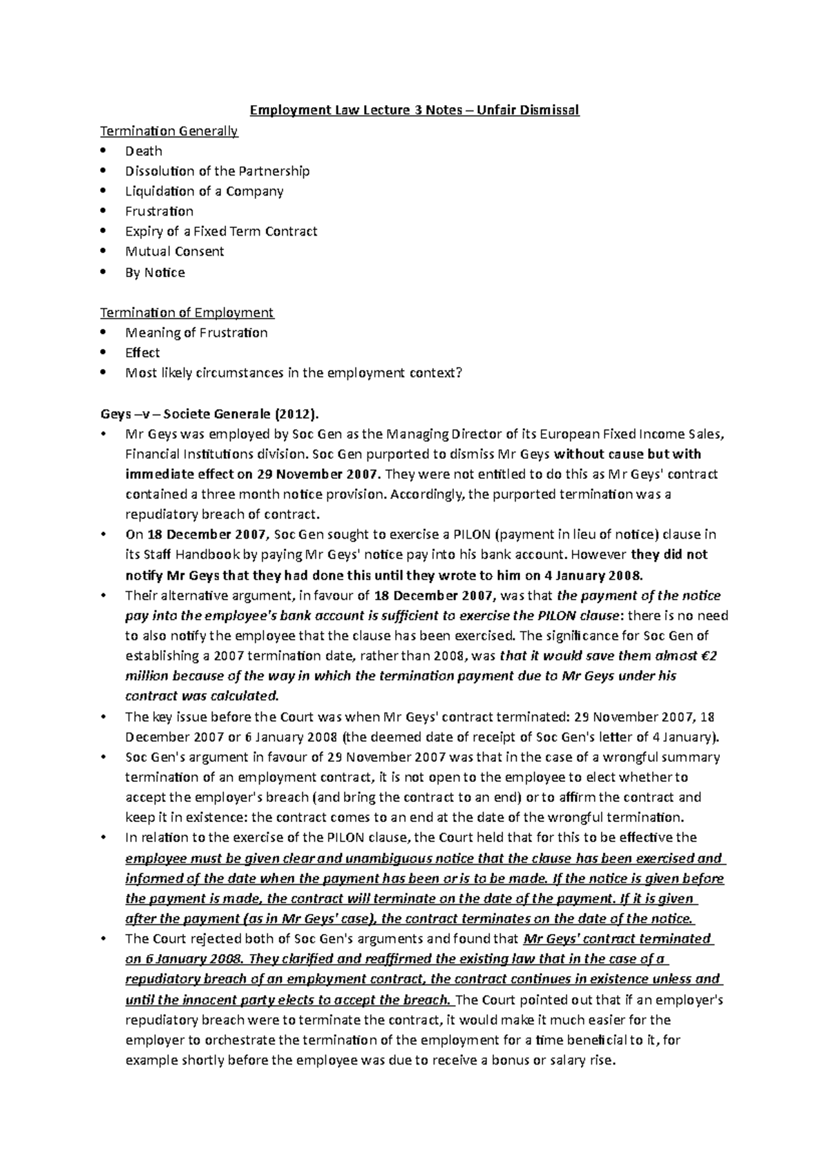 Employment Law Lecture 3 Notes - Wrongful Dismissal - Employment Law ...