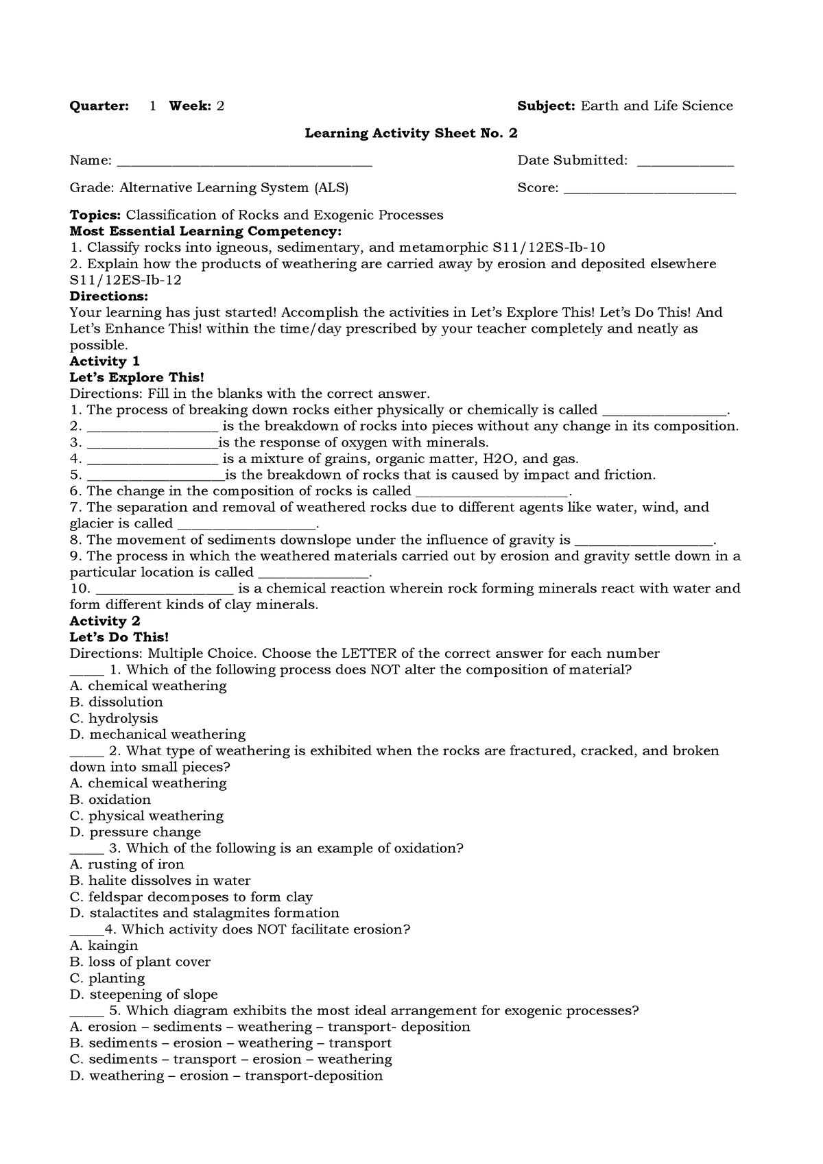 Learning Activity Sheet No. 2 ELS - Quarter: 1 Week: 2 Subject: Earth ...