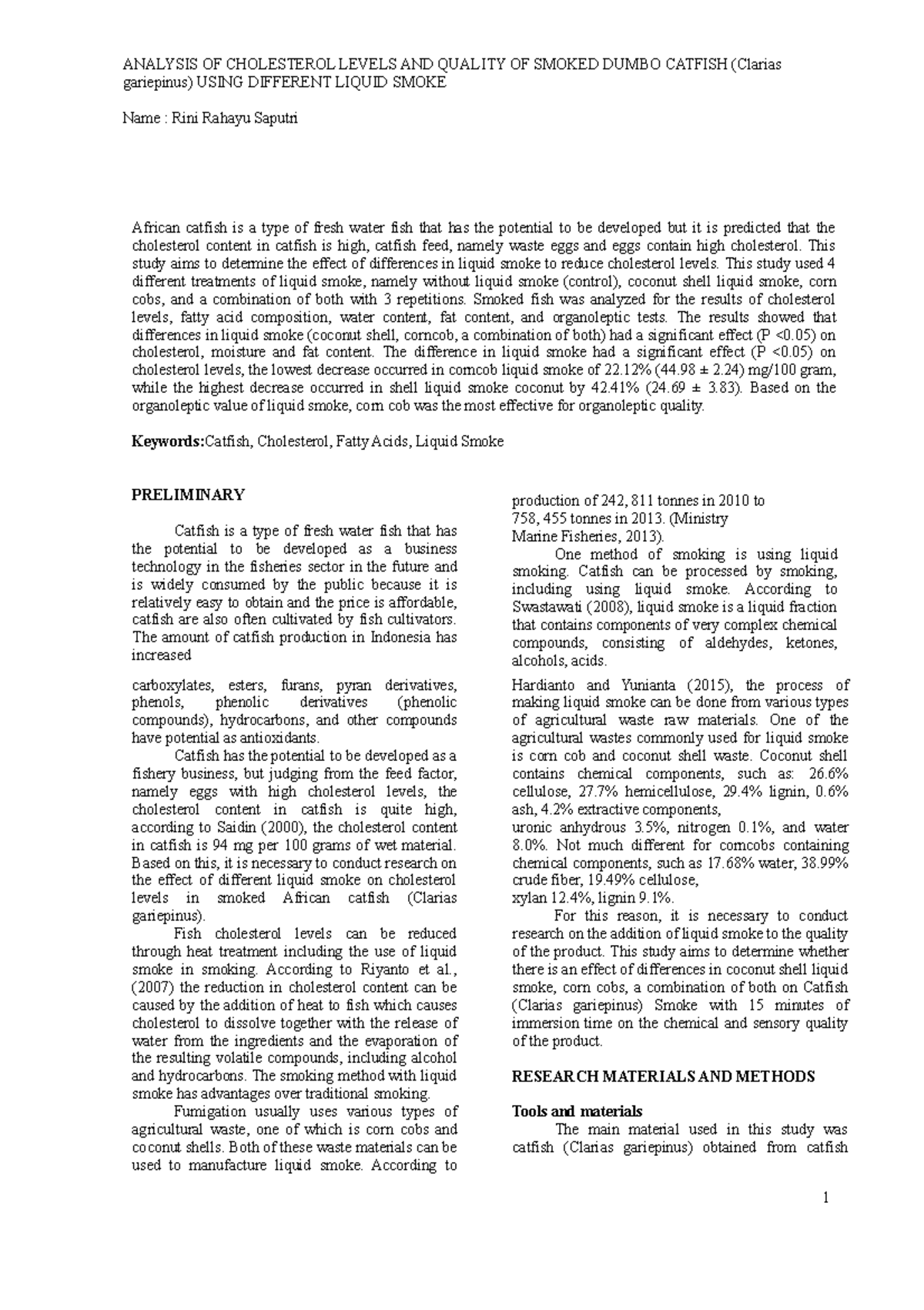 Analysis OF Cholesterol Levels AND Quality OF Smoked Dumbo Catfish