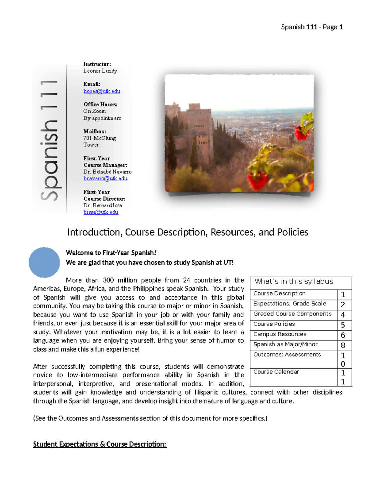 SPAN111Syllabus Fall 2023 Final - Introduction, Course Description ...