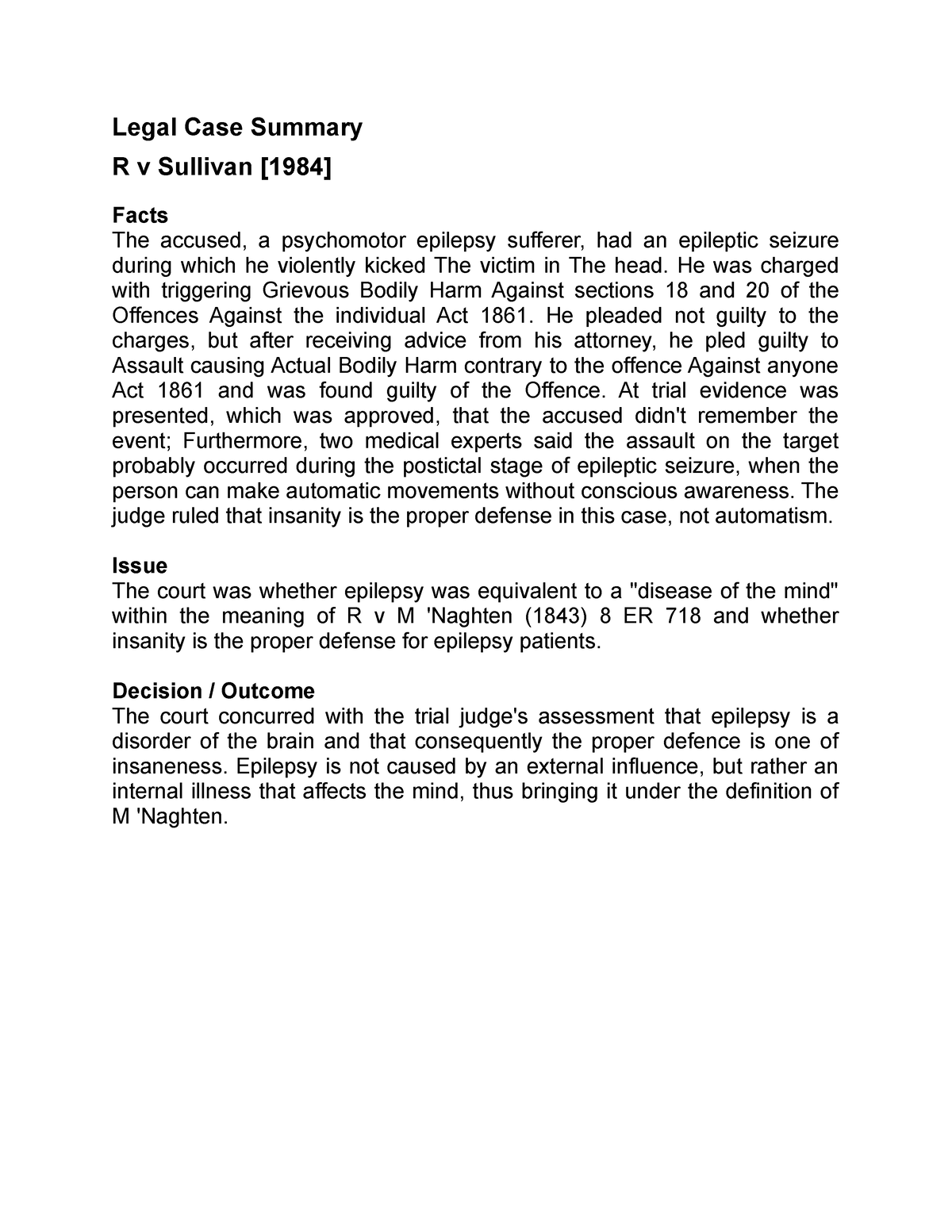 R v Sullivan Criminal Law Legal Case Summary R v Sullivan 1984