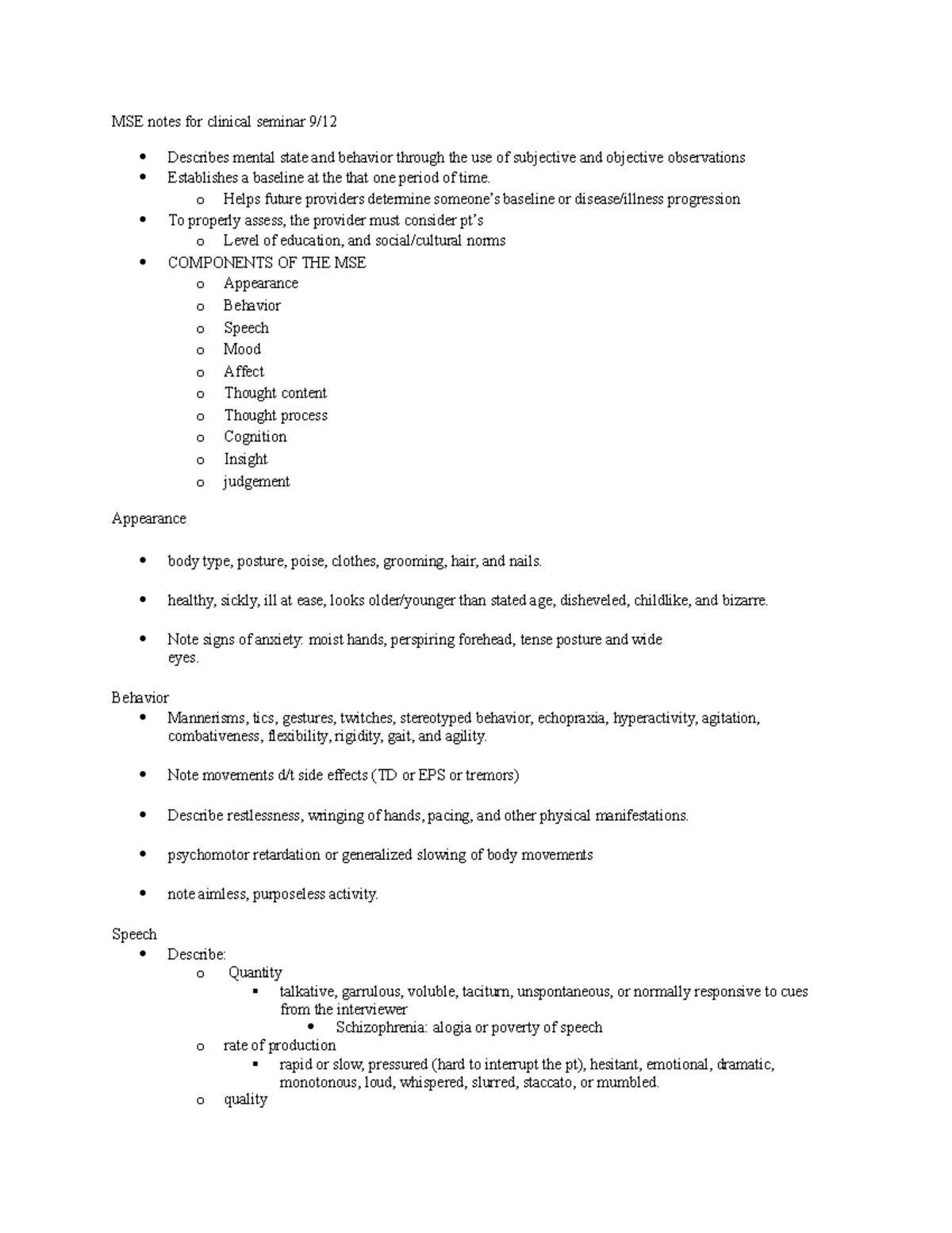 MSE Notes - MSE notes for clinical seminar 9/ Describes mental state ...