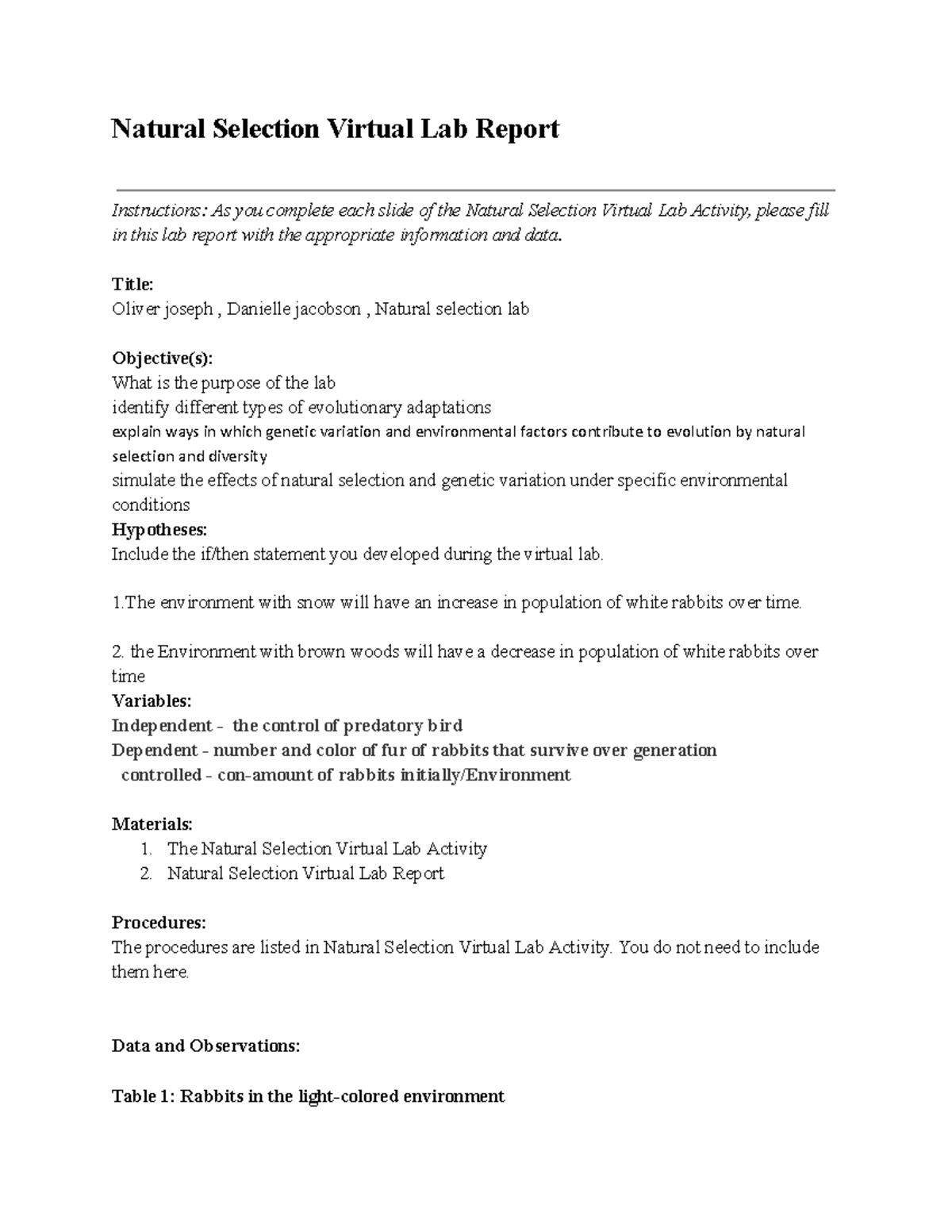 05 02 natural selection lab report - Natural Selection Virtual Lab ...