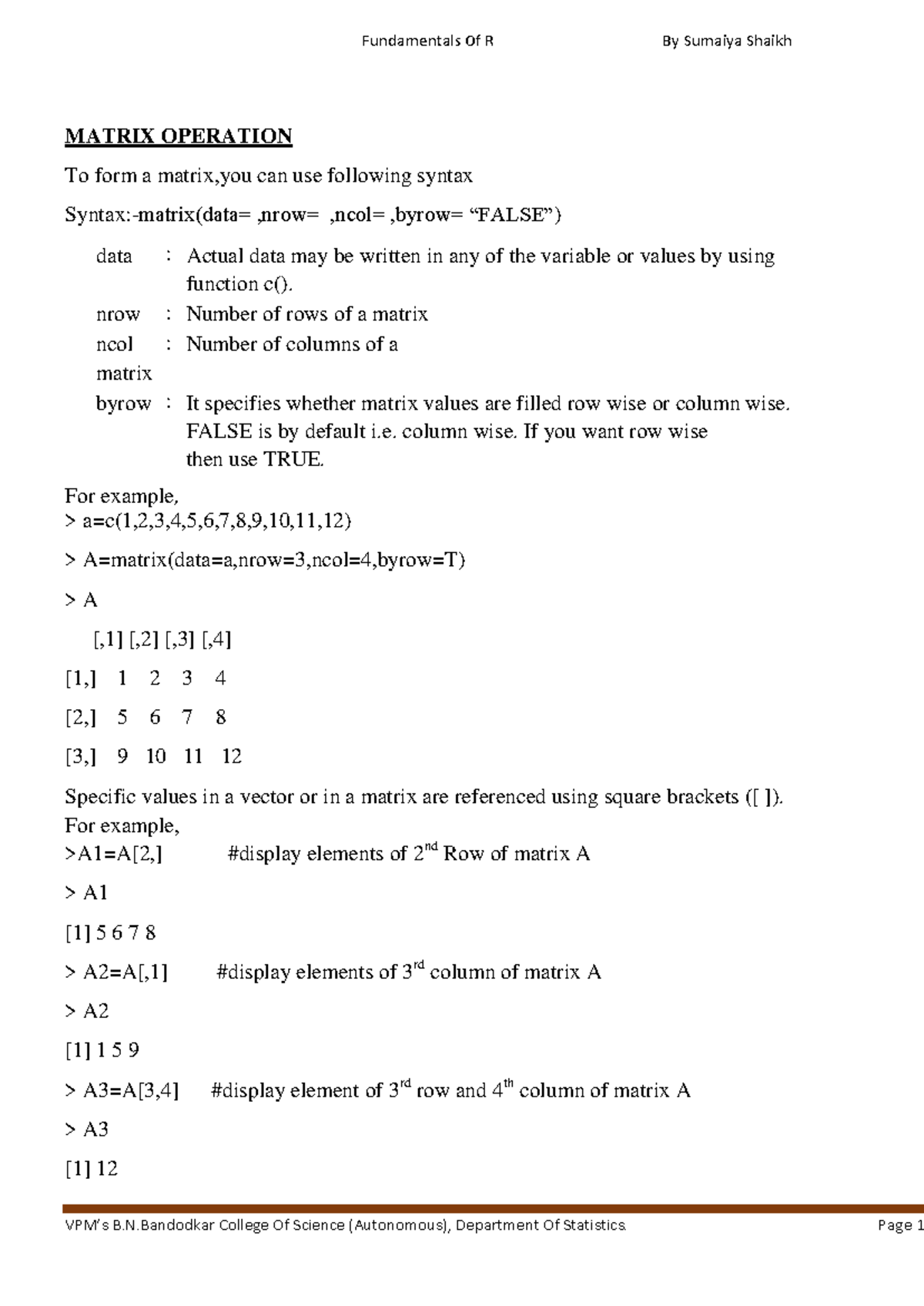 Fundamental Of R Unit 1(continue) - Matrix Operation To Form A Matrix 