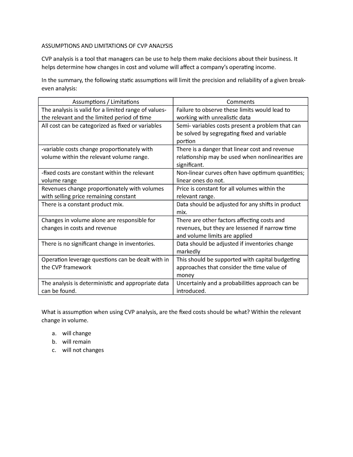 Assumptions And Limitations Of Cvp Analysis Assumptions And Limitations Of Cvp Analysis Cvp 0654