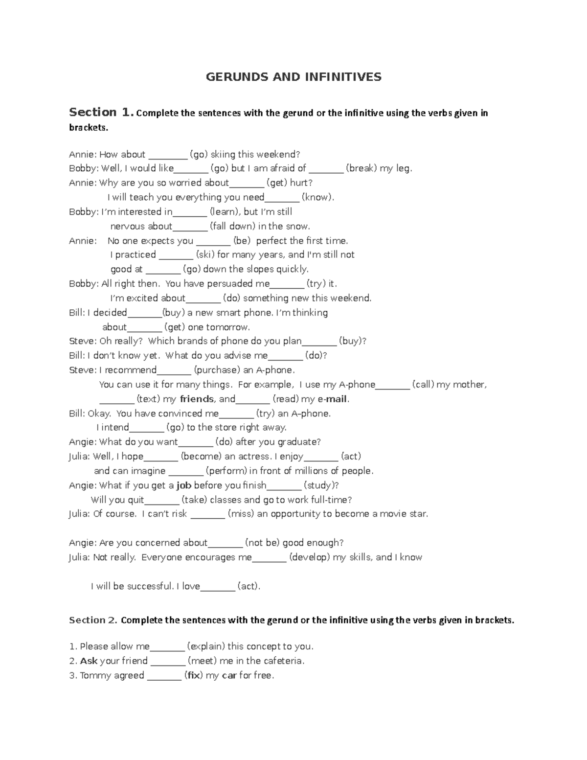 Gerunds AND Infinitives - GERUNDS AND INFINITIVES Section 1. Complete ...