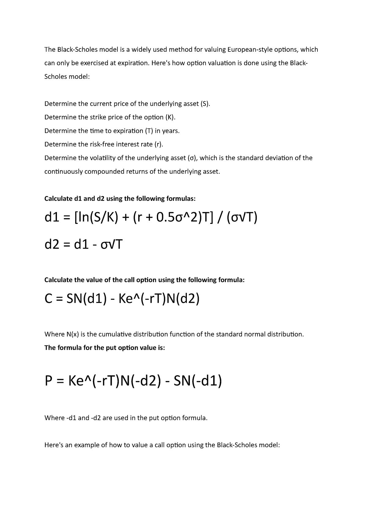 Black Scholes Model - For Calculating The Call And Put Values - The ...