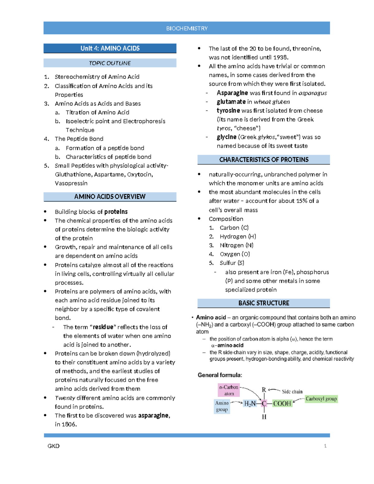 4 reviewer - Amino Acids - Unit 4: AMINO ACIDS TOPIC OUTLINE ...