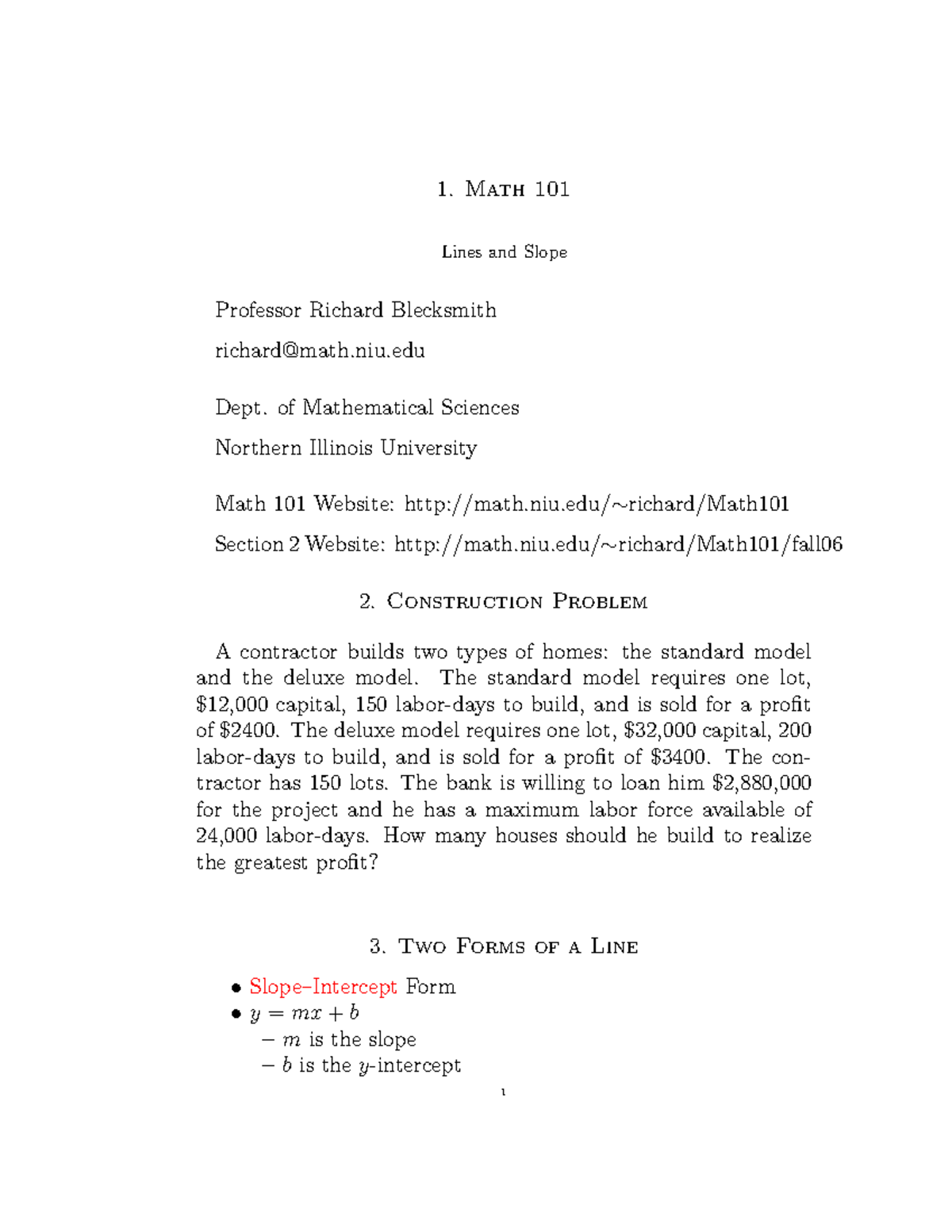 Lecture notes, lecture Lines and Slope - 1. Math 101 Lines and Slope ...