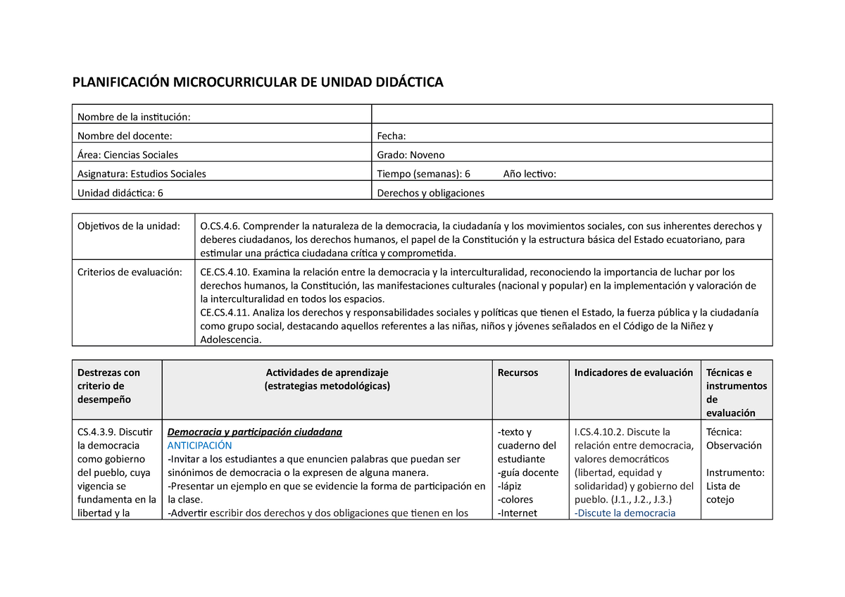 S9 U6 Plan Plan Clas PlanificaciÓn Microcurricular De Unidad DidÁctica Nombre De La 0227