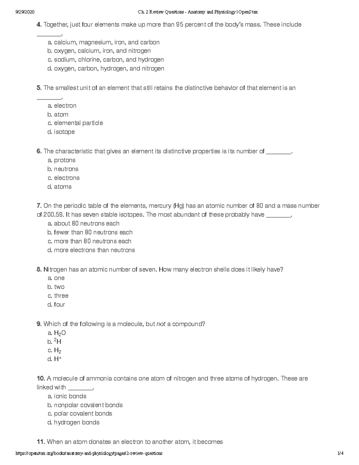 Ch. 2 Review - Integrated Anatomy And Physiology 2217 with Prof ...