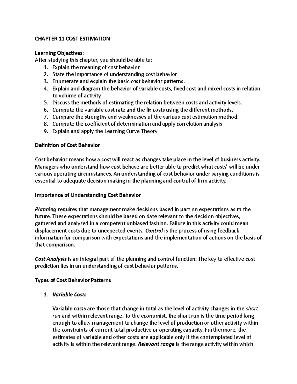 Handout No. 6 Cost Estimation - CHAPTER 11 COST ESTIMATION Learning ...