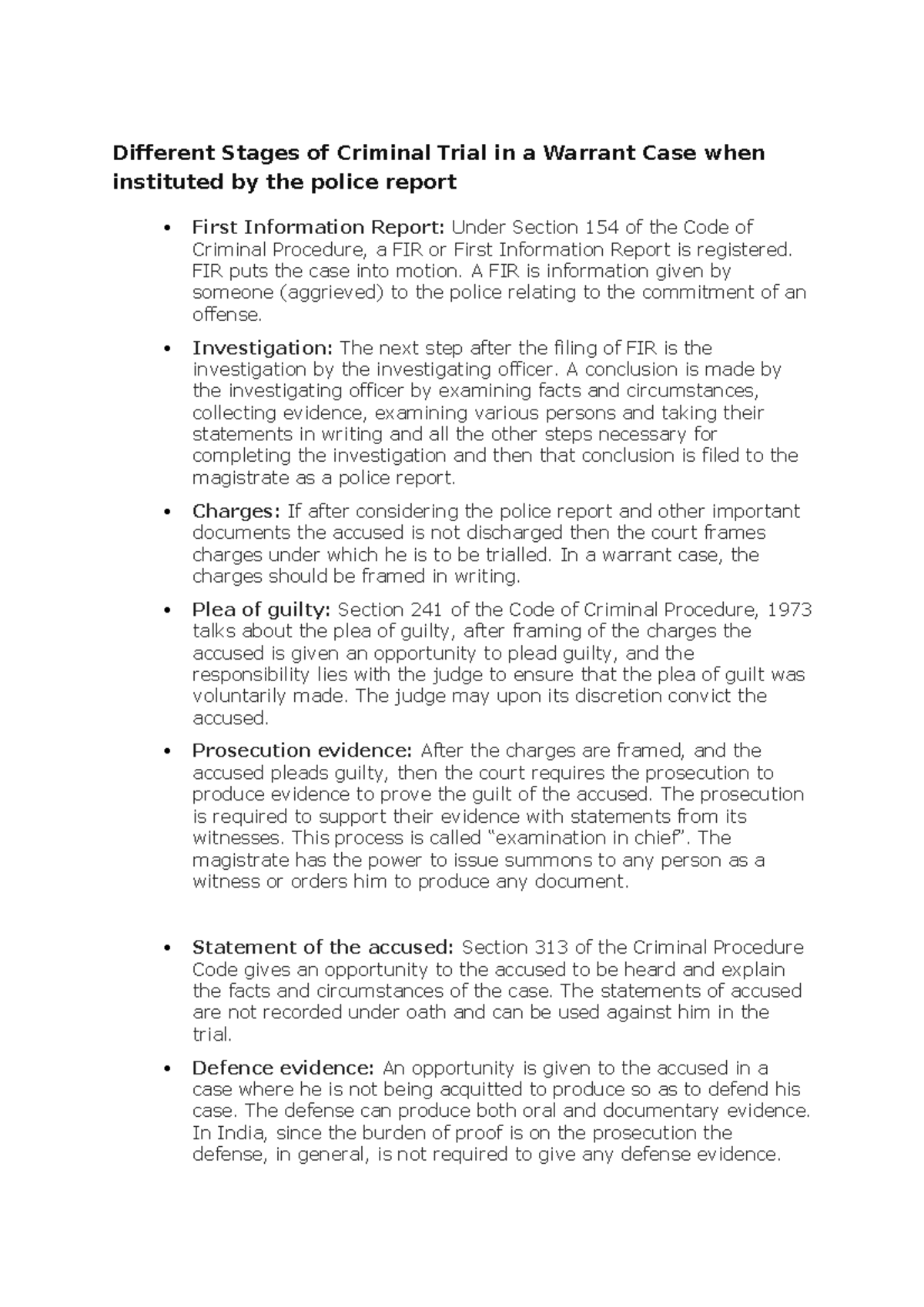 Different Stages of Criminal Trial in a Warrant Case when instituted by ...