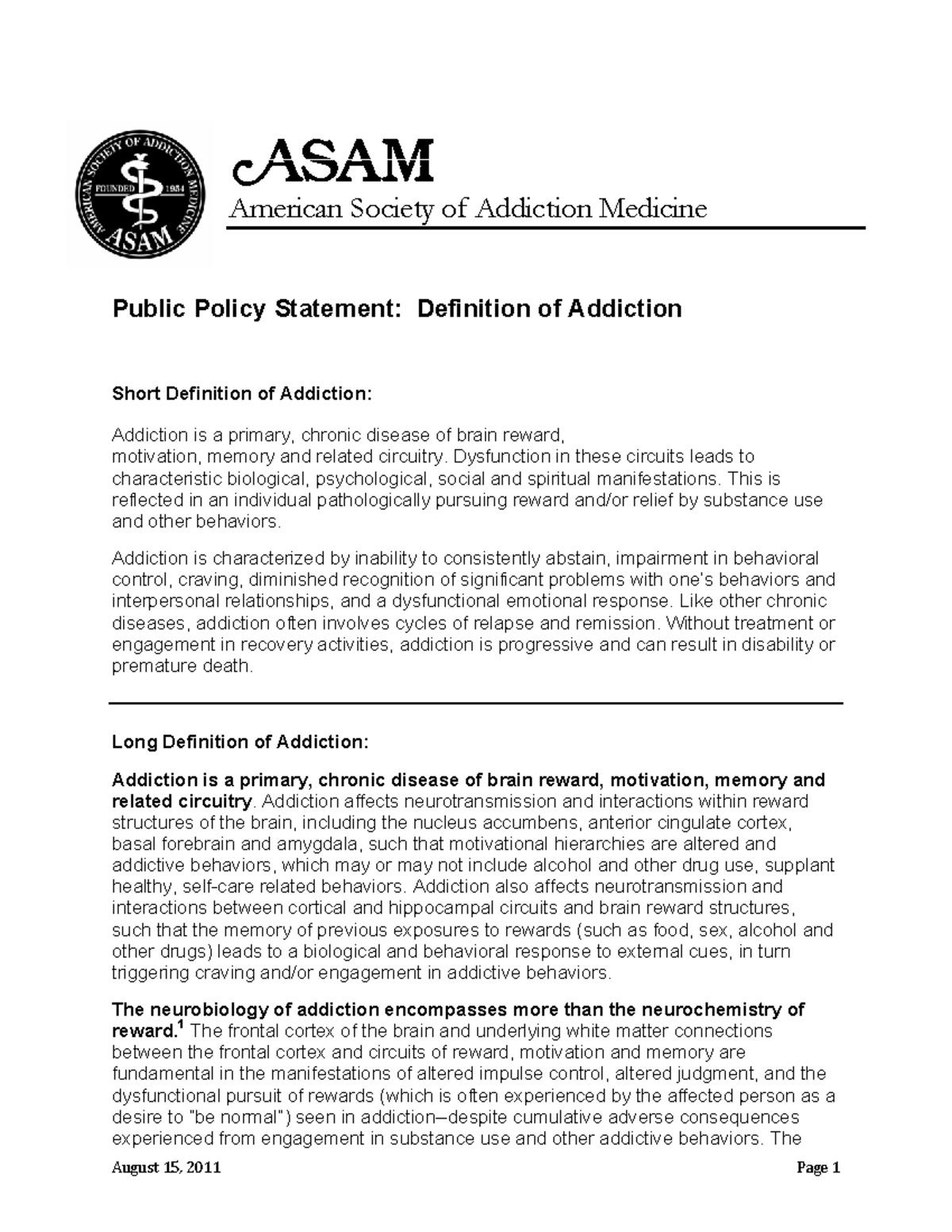 Asam public policy statement definition of addiction long version