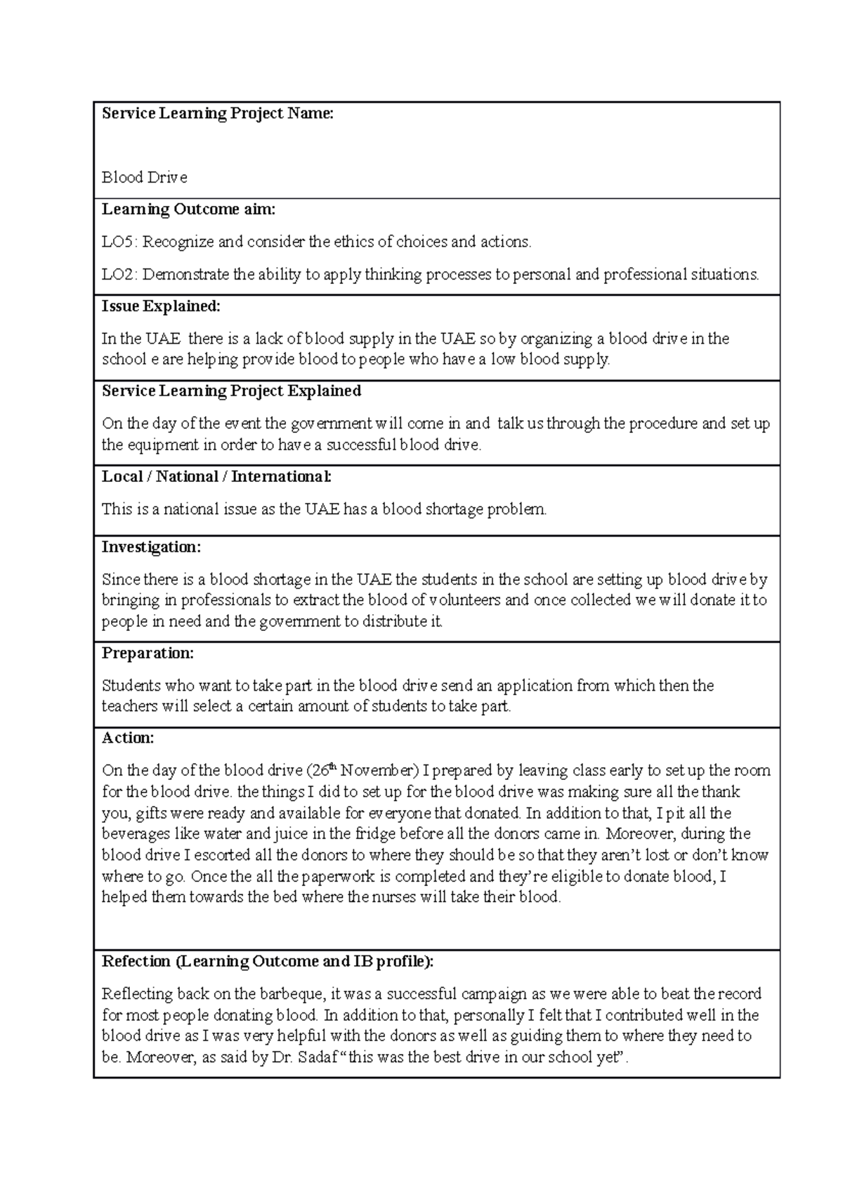 Service Learning Project Name eg - Service Learning Project Name: Blood ...