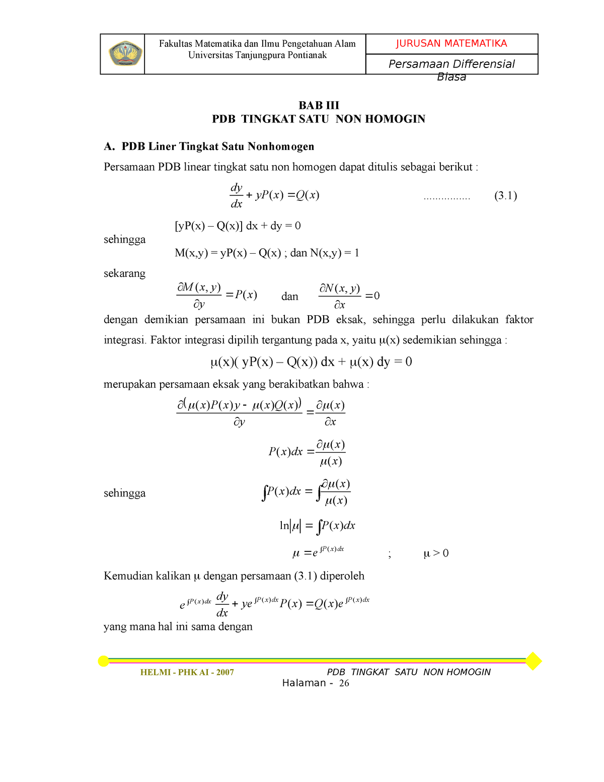 BAB III Pengantar Diferensial Biasa - Universitas Tanjungpura Pontianak ...
