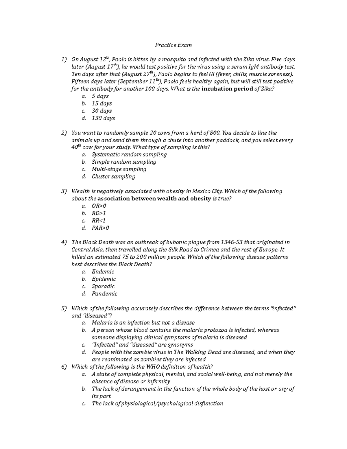 Epidemiology Exam Practice Questions Practice Exam On August 12th