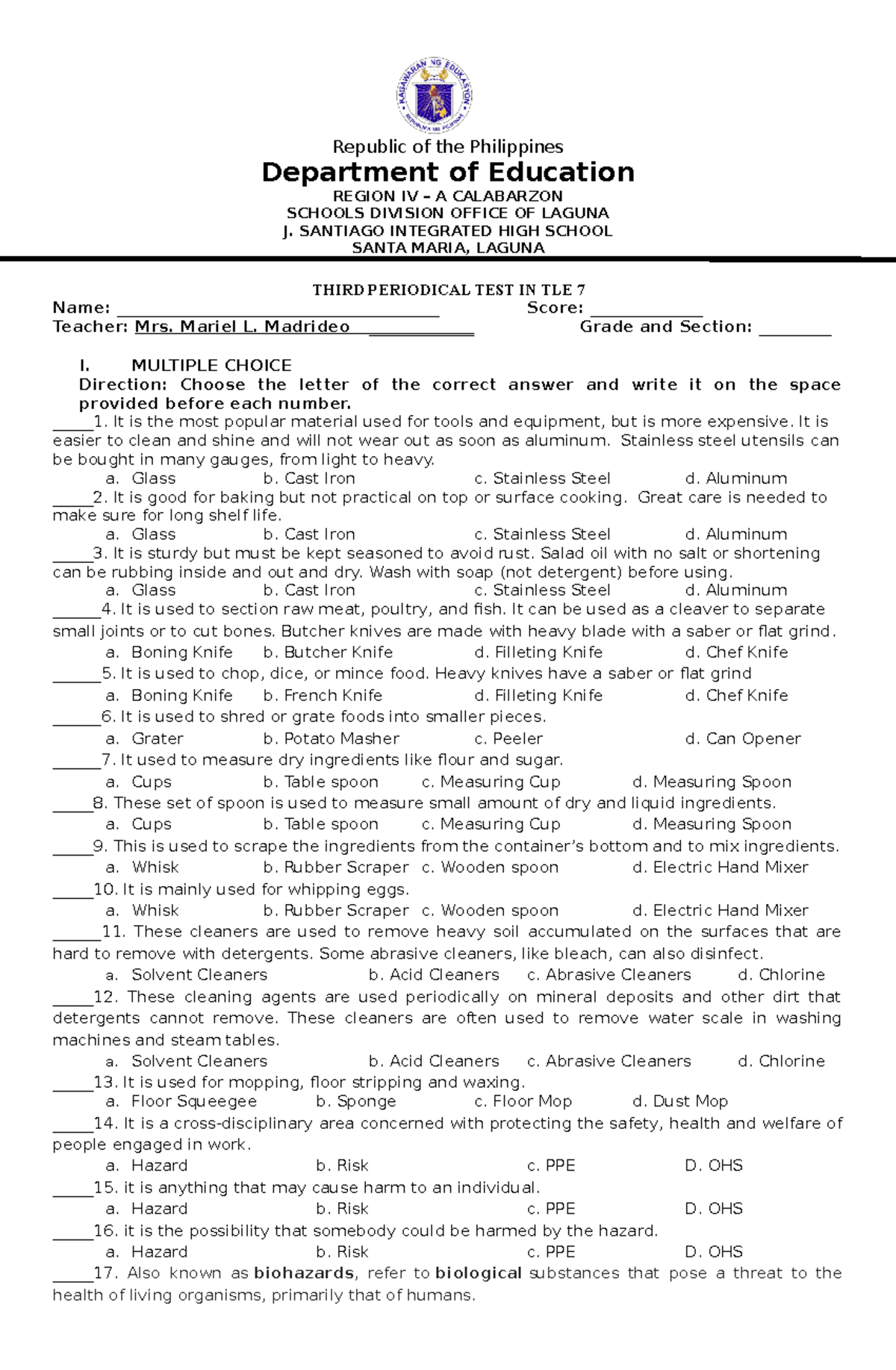 3. TEST TLE 7 Cookery TEST AND QUESTION AND ANSWER KEY Republic of the Philippines