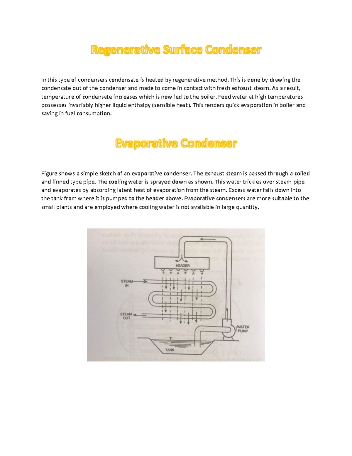 Evaporative Condenser In this type of condensers condensate is heated