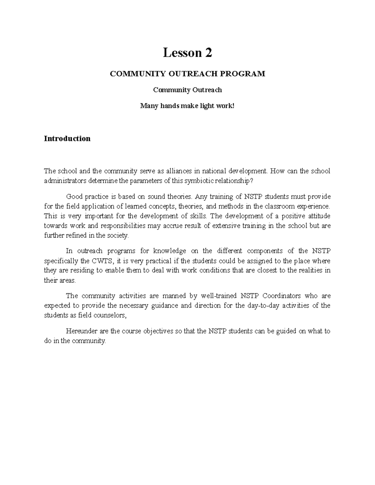 CWTS Module 2 - extra notes for this course - Lesson 2 COMMUNITY ...