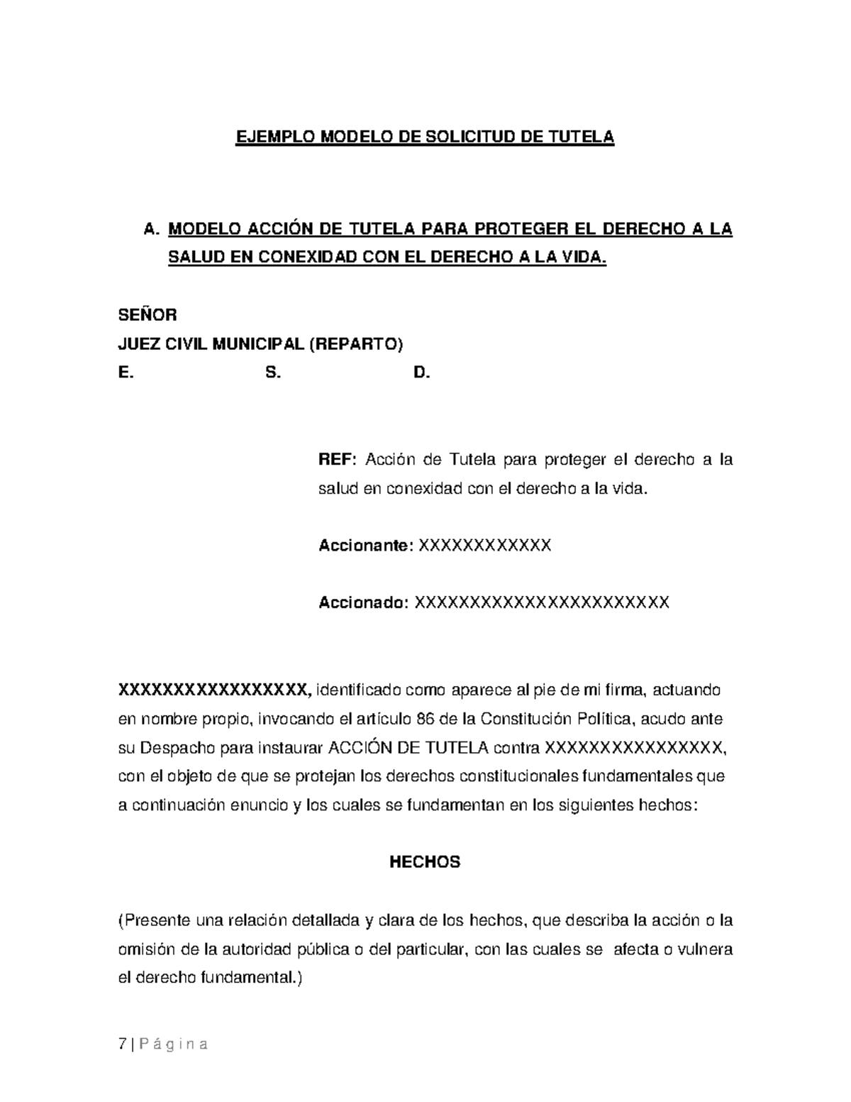 Modelo DE Solicitud DE Tutela - EJEMPLO MODELO DE SOLICITUD DE TUTELA A.  MODELO ACCIÓN DE TUTELA - Studocu