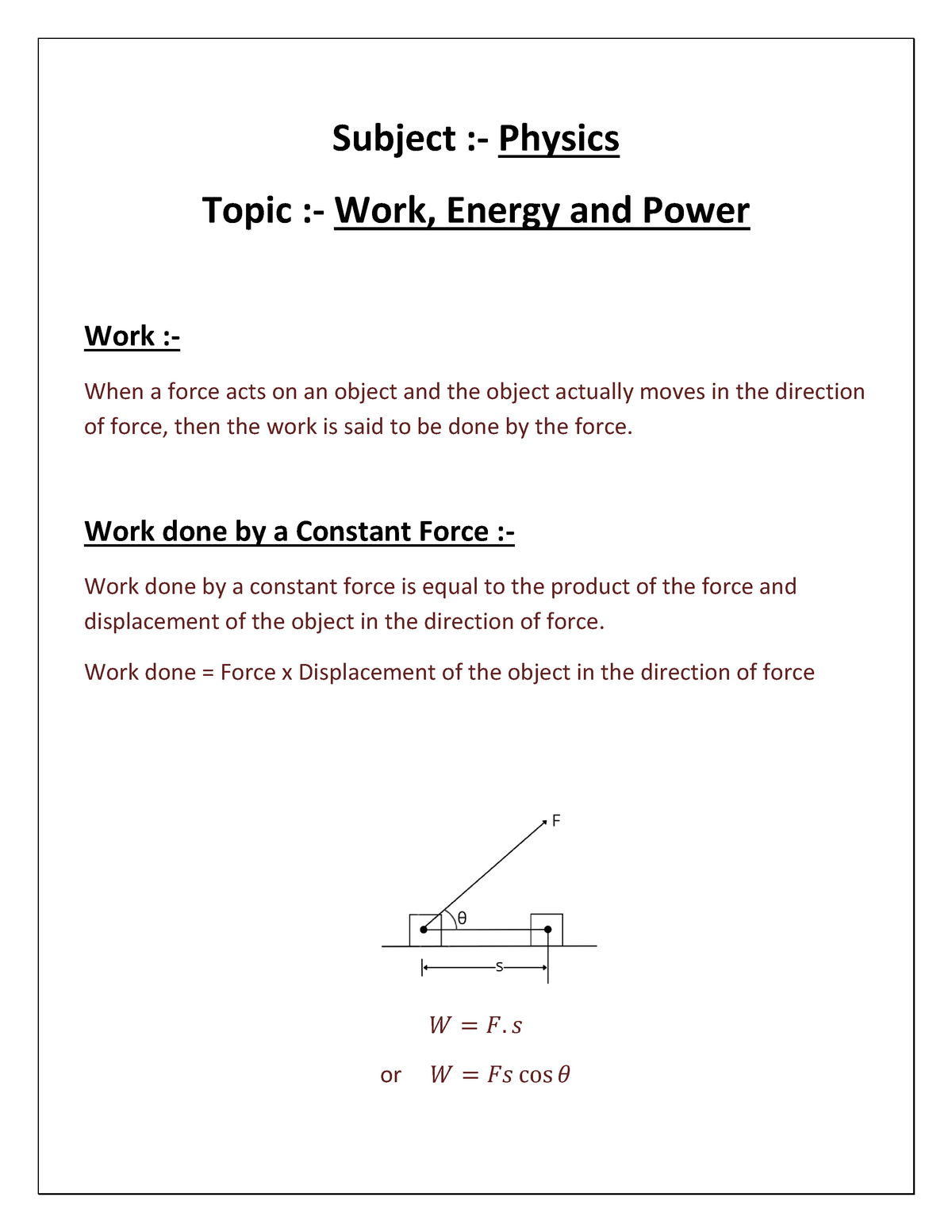 Work,energy And Power-class Notes - Subject :- Physics Topic :- Work ...