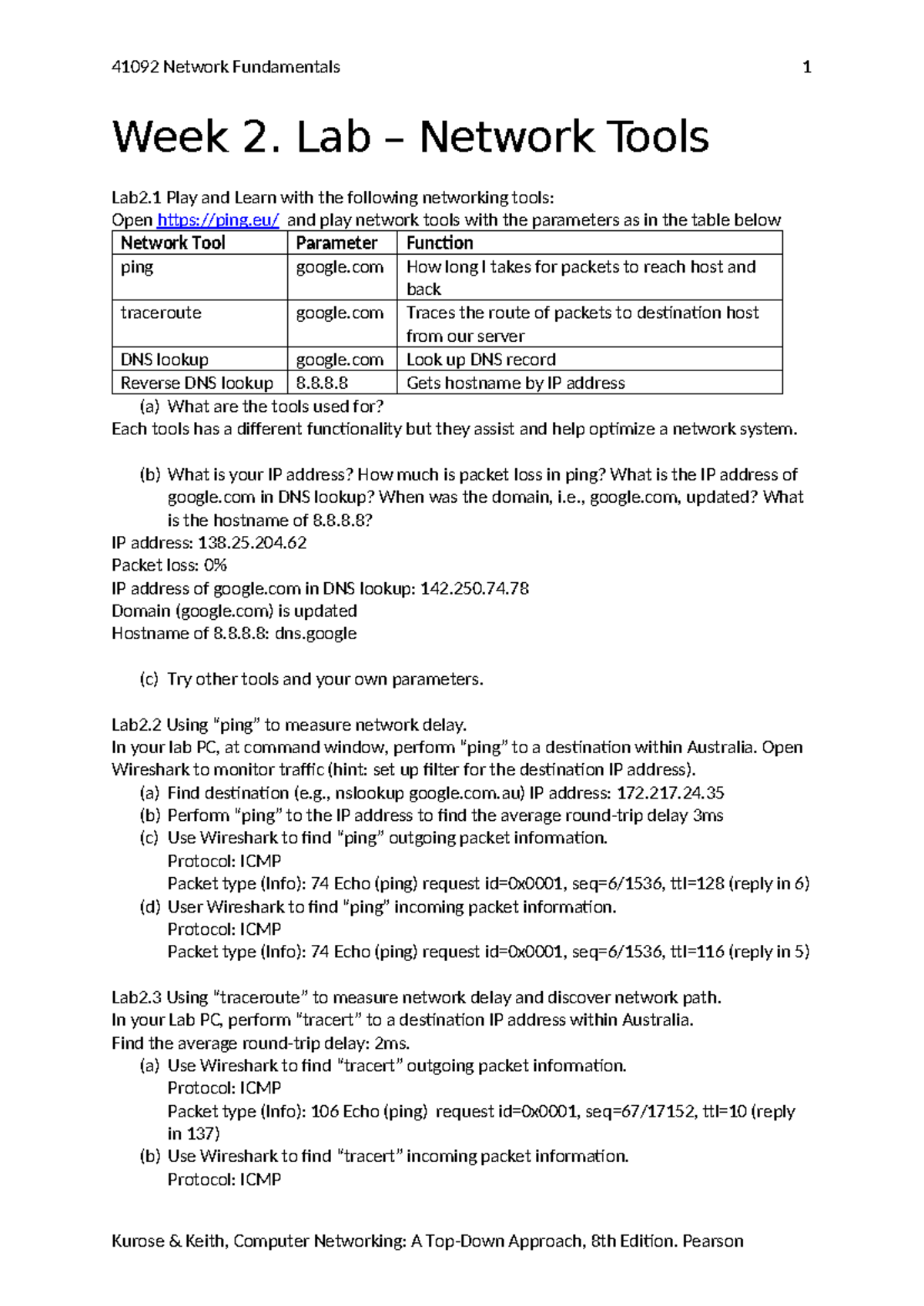 WK 2 lab - lab work - 41092 Network Fundamentals Week 2. Lab – Network ...