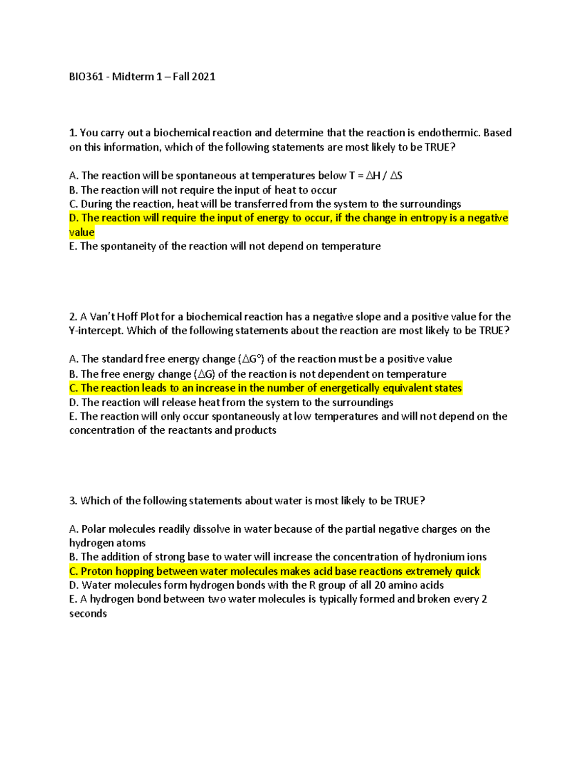 Fall 2021 - Midterm 1 Practice Questions Answer Key - BIO361 - Midterm ...