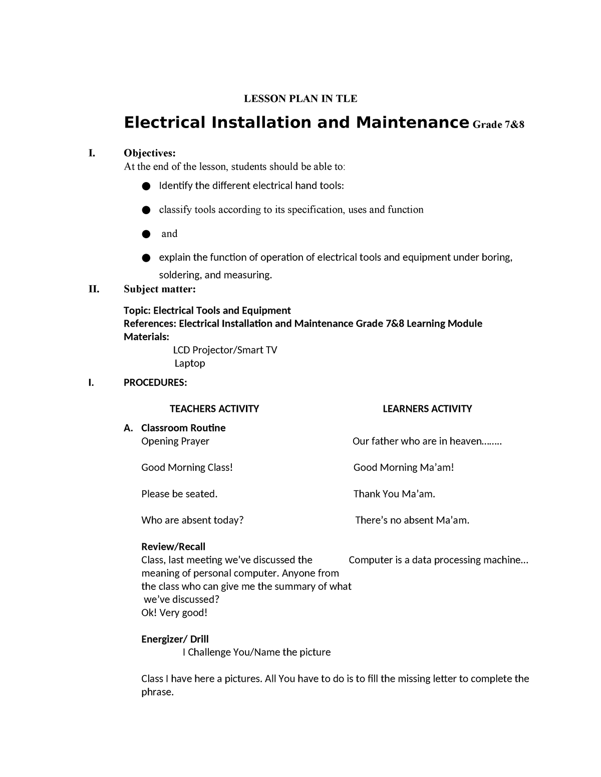 Lesson PLAN IN TLE 8-EIM boring, soldering, measuring for download ...