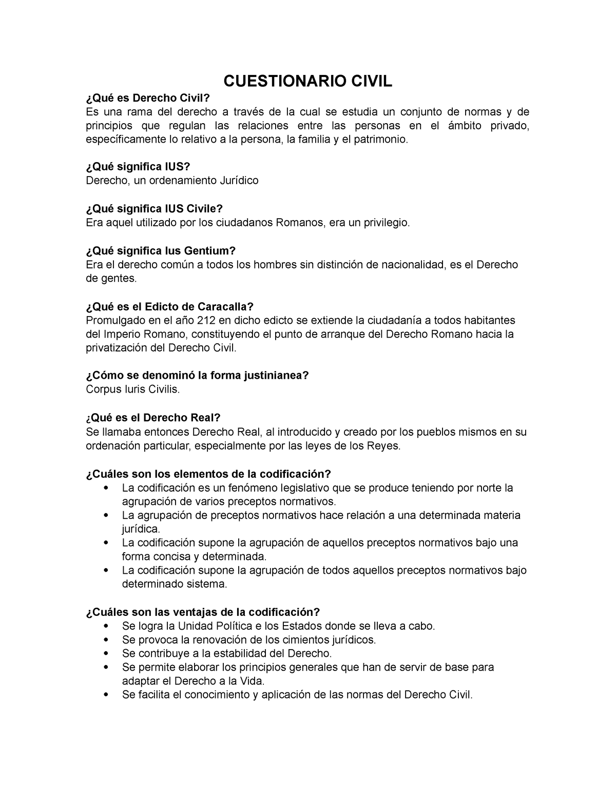 Cuestionario Civil - CUESTIONARIO CIVIL ¿Qué Es Derecho Civil? Es Una ...