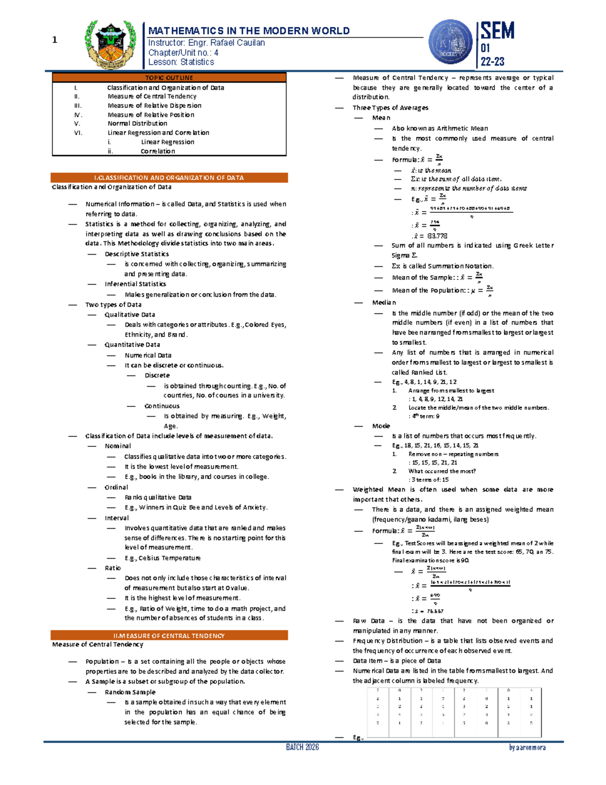 Chapter 4 Statistics 1 Instructor Engr Rafael Cauilan Chapter Chapter 4 Statistics 1 Instructor Engr Rafael Cauilan Chapter