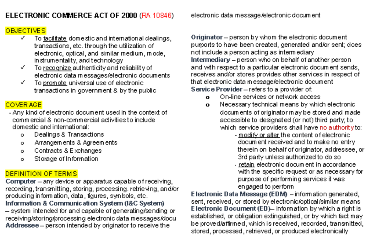 Special Laws Act of 2000 RA 10846 ELECTRONIC COMMERCE ACT