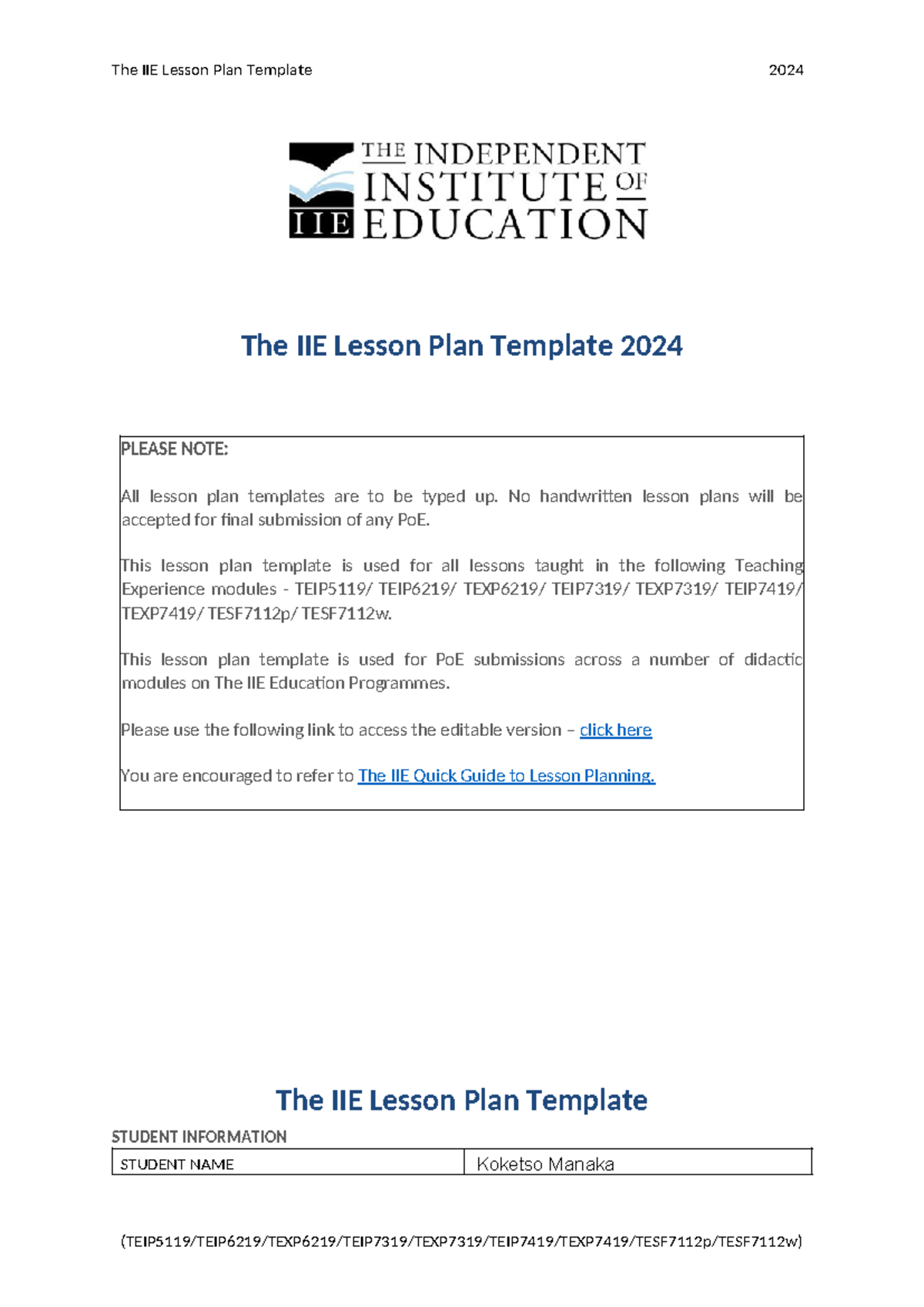 Sepedi Lesso Plan - The IIE Lesson Plan Template 2024 PLEASE NOTE: All ...