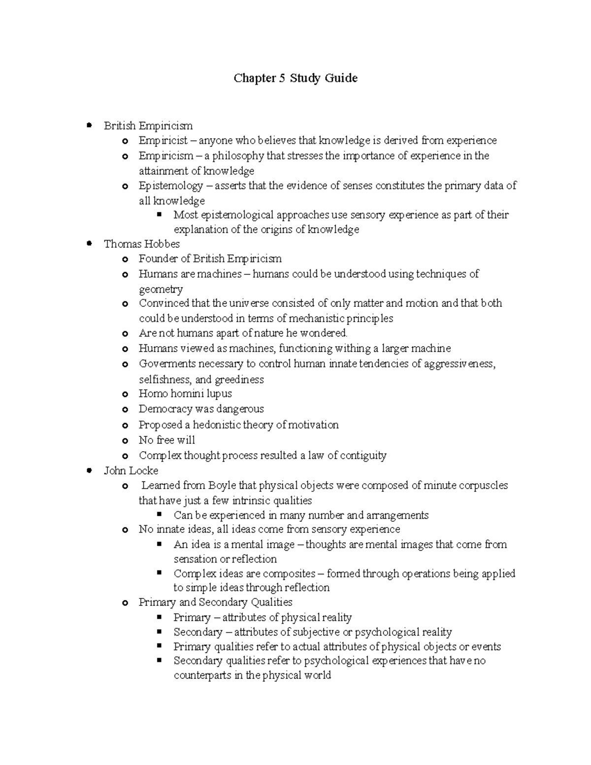 Chapter 5 Study Guide - Chapter 5 Study Guide British Empiricism o ...