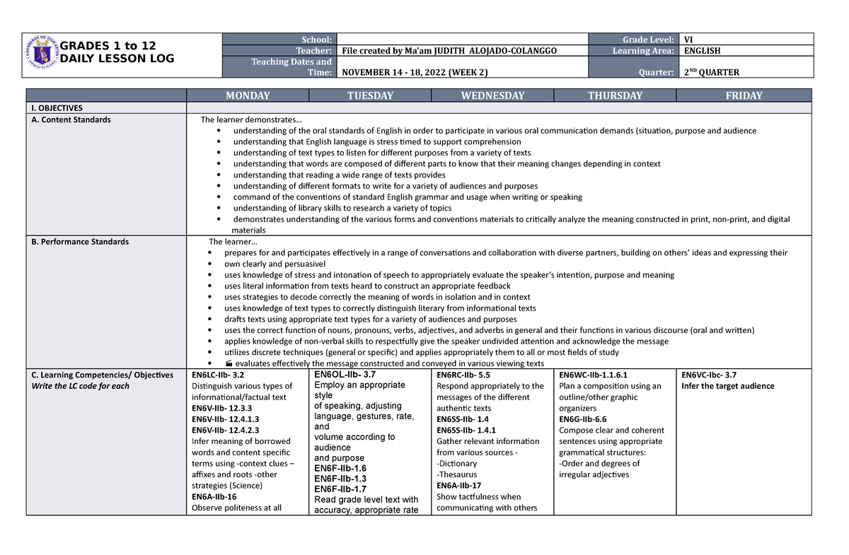 DLL English 6 Q2 W2 - GRADES 1 To 12 DAILY LESSON LOG School: Grade ...