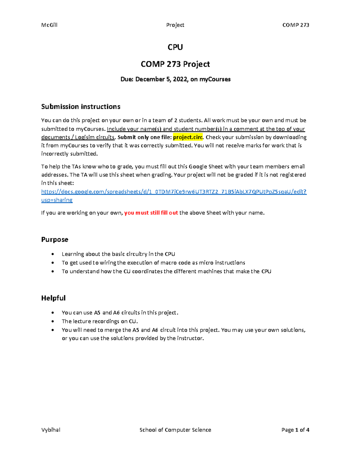 Project Fall 2022 - CPU COMP 273 Project Due: December 5, 2022, on ...